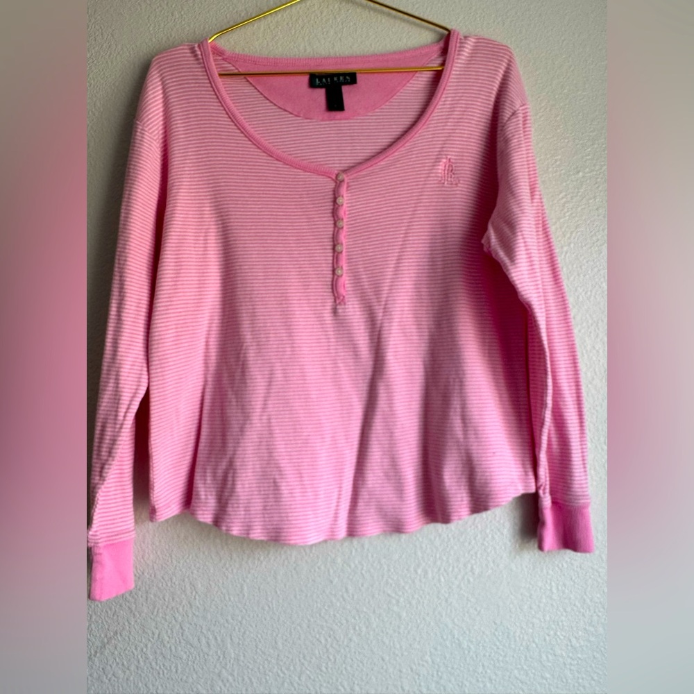 Ralph Lauren Pink Striped Henley Top Preppy Logo Y2K Shirt Long Sleeve Sz: XL